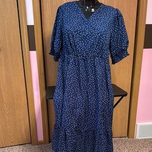 BloomChic Navy and White Puff Sleeve Midi Sundress